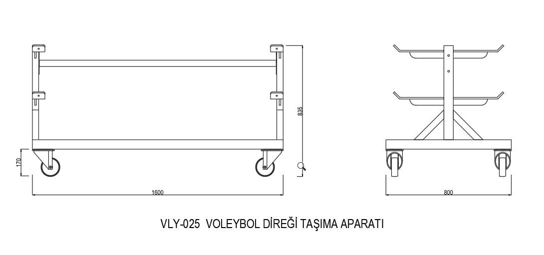 VLY-025 Voleybol direği taşıma aparatı teknik ölçü çizimi