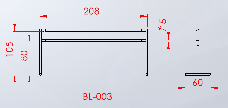 BL-003 Taşınabilir bale barı — sabit yükseklik (kırmızı) teknik ölçü çizimi