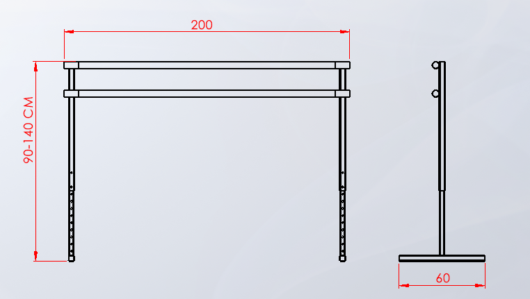 BL-005 Taşınabilir bale barı — ayarlanabilir yükseklik teknik ölçü çizimi