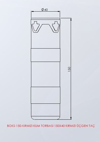 BOKS-150 Kum torbası 150 × 40 cm (kırmızı, üçgen taç) teknik ölçü çizimi