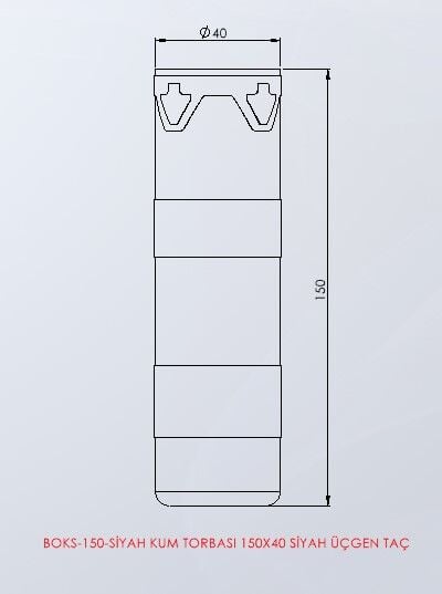 BOKS-150 Kum torbası 150 × 40 cm (siyah, üçgen taç) teknik ölçü çizimi
