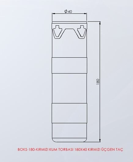 BOKS-180 Kum torbası 180 × 40 cm (kırmızı, üçgen taç) teknik ölçü çizimi
