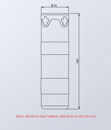 BOKS-10 Kum torbası 180 × 40 cm (siyah, üçgen taç) teknik ölçü çizimi