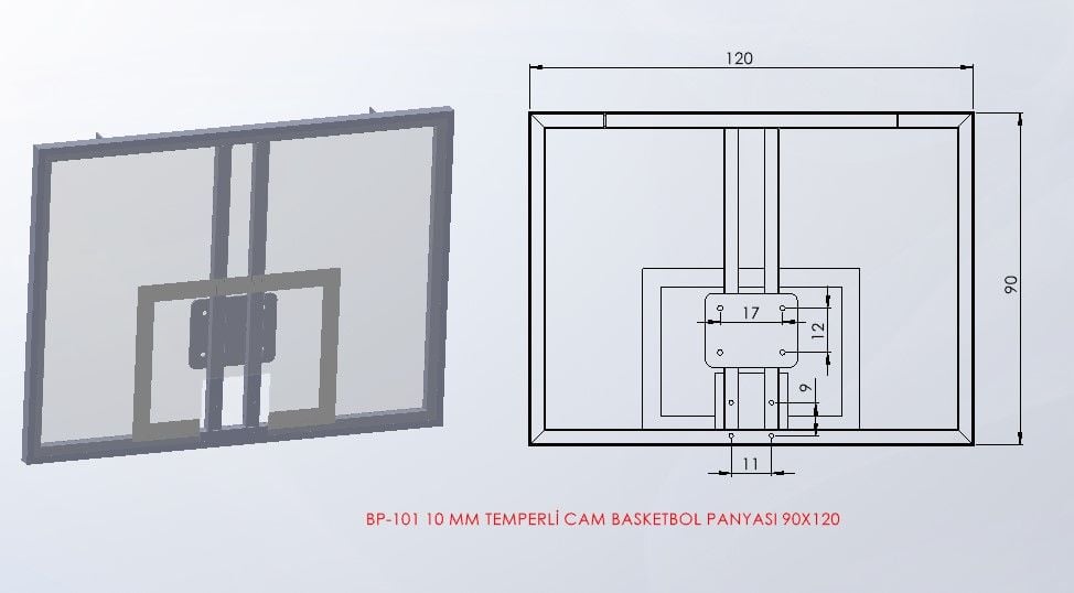 BP-101 Temperli cam panya 90 × 120 teknik ölçü çizimi