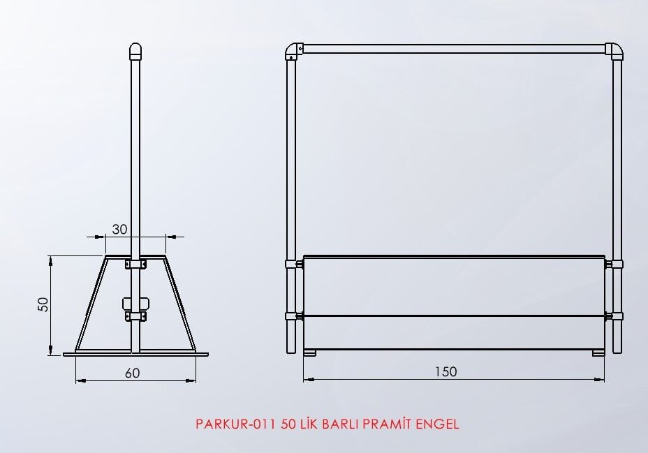 PARKUR-011 — 50'lik Barlı Piramit Engel teknik çizim ve ölçüler — ASSA SPOR