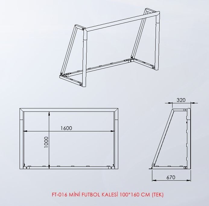 FT-016 Mini futbol kalesi 100 × 160 cm teknik ölçü çizimi