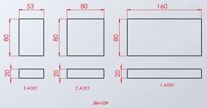 JİM-039 Dikdörtgen minder seti (6 parça) teknik ölçü çizimi