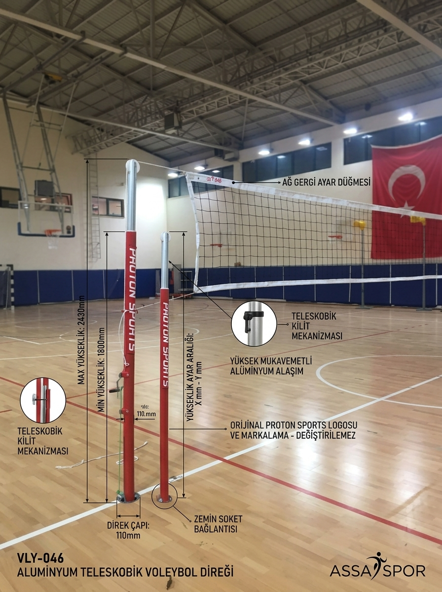 VLY-046 Alüminyum teleskobik voleybol direği teknik ölçü çizimi