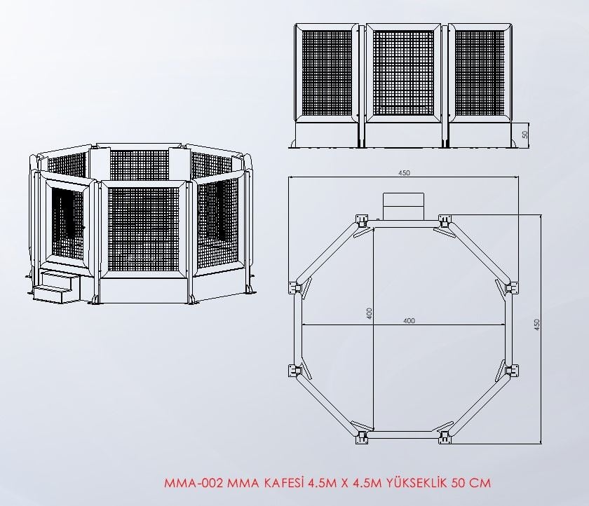 MMA-002 MMA kafesi 4,5 × 4,5 m, yükseklik 50 cm teknik ölçü çizimi