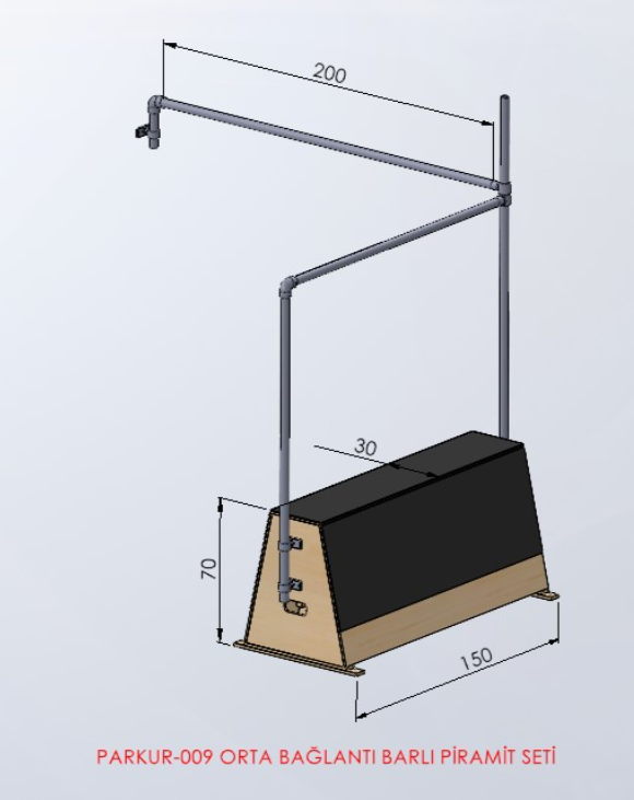 PARKUR-009 — Orta Bağlantılı Barlı Piramit Seti teknik çizim ve ölçüler — ASSA SPOR